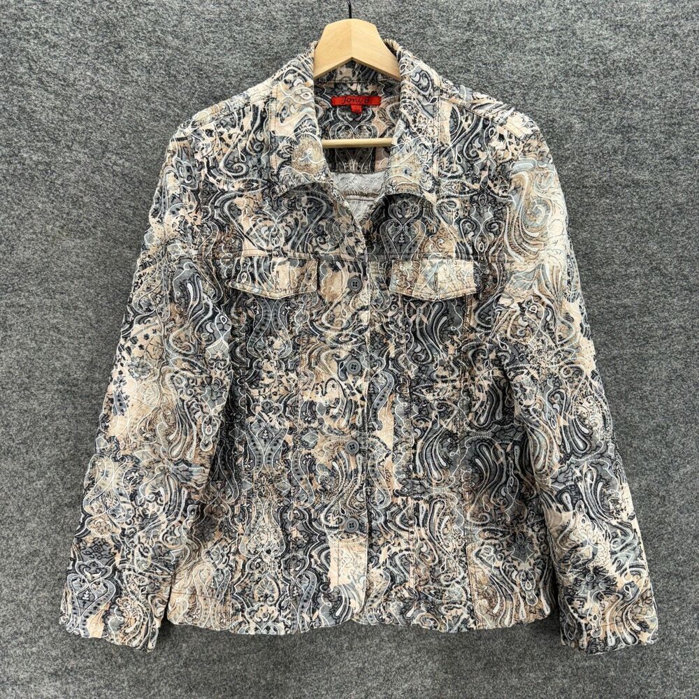 Joni B. Jacket Women L Large Gray Geometric Button Up Denim Medium Wash Collared